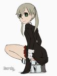  1girl animated animated_gif ass bard-bot black_coat boots brown_hair closed_mouth coat gloves green_eyes highres lifted_by_self long_sleeves looking_at_viewer maka_albarn simple_background skirt smile solo soul_eater squatting twintails white_background white_gloves 