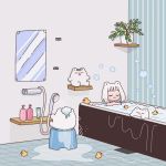  1girl :3 animal_ears bangs bath bathing bathroom bear bear_ears bob_cut bubble bubble_bath highres indoors mirror nokanok original plant potted_plant rubber_duck short_hair showering u_u water white_hair 