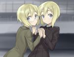  2girls blonde_hair blue_eyes closed_mouth erica_hartmann eyebrows_visible_through_hair fankupl glasses holding_hands looking_at_viewer military military_uniform multiple_girls shiny shiny_hair short_hair siblings sisters smile strike_witches uniform upper_body ursula_hartmann world_witches_series 