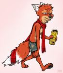  2020 3_toes 4_fingers anthro bad_guy_cafe beverage blue_eyes bottomwear canid canine claws clothing dipstick_ears dipstick_tail energy_drink fingers fox fur holding_beverage holding_object male mammal multicolored_ears multicolored_tail orange_body orange_fur pawpads red_scarf shorts simple_background solo toe_claws toes walking ziegelzeig ziegelzeig_zoona 
