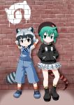  2girls against_wall akou_roushi alternate_costume animal_ears arms_behind_head arms_up bare_arms bare_legs black_hair brick_wall brown_eyes cardigan casual common_raccoon_(kemono_friends) contemporary extra_ears eyebrows_visible_through_hair frilled_skirt frills full_body graffiti green_eyes green_hair grey_hair hair_between_eyes hands_in_pockets hat japari_symbol kemono_friends leaning_back long_sleeves microskirt multicolored_hair multiple_girls overalls pocket raccoon_ears raccoon_tail shirt shoes short_hair short_sleeves sidelocks skirt snake_tail socks standing standing_on_one_leg tail tsuchinoko_(kemono_friends) v-shaped_eyebrows wall white_hair zipper 