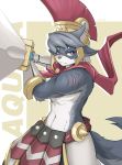 absurd_res ambiguous_gender anthro armor canid canine character_name clothed clothing countershading fur grey_body grey_fur headgear helmet hi_res holding_object holding_sword holding_weapon looking_at_viewer mammal melee_weapon red_clothing safe scar solo sword treyer weapon white_body white_countershading white_fur 