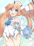  1girl :d alternate_hair_length alternate_hairstyle arm_behind_head arm_up bare_shoulders blue_eyes breasts commentary_request double_bun elbow_pads hair_between_eyes happy highres holding holding_megaphone holding_weapon leotard long_hair looking_at_viewer medium_breasts neptune_(series) open_mouth orange_hair orange_heart power_symbol shield shimeji_wyvern shin_jigen_game_neptune_vii skin_tight smile solo symbol-shaped_pupils thigh_gap thighs twintails very_long_hair weapon 