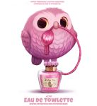 ambiguous_gender avian bird bottle claws cryptid-creations english_text feathered_wings feathers feral humor label owl perfume perfume_bottle pink_body pink_feathers pun simple_background solo text toilet url visual_pun white_background wings yellow_eyes 