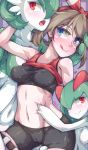  1girl :q arm_around_neck bike_shorts blue_eyes blush breasts brown_hair cameltoe camisole camisole_lift collarbone commentary_request covered_nipples cowboy_shot eyebrows_visible_through_hair eyes_visible_through_hair falco_arrow gardevoir gen_3_pokemon green_hair hair_over_one_eye hair_ribbon hand_on_another&#039;s_head hand_on_another&#039;s_stomach haruka_(pokemon) heart height_difference highres impossible_clothes kirlia licking_lips looking_at_viewer medium_breasts medium_hair navel nose_blush open_mouth pokemon pokemon_(creature) pokemon_(game) pokemon_oras red_eyes ribbon seductive_smile skin_tight smile sports_bra stomach tongue tongue_out 