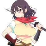  1girl asuka_(senran_kagura) bandaged_arm bandages bangs beige_sweater belt black_hair blush breasts bridal_gauntlets brown_belt brown_eyes commentary_request eyebrows_visible_through_hair gauntlets green_neckwear hair_between_eyes hair_down hand_on_hip holding holding_sword holding_weapon large_breasts looking_to_the_side medium_hair necktie over_shoulder red_scarf scarf senran_kagura sheath shirt short_sleeves sidelocks simple_background smile solo standing sweater_vest sword unsheathed upper_body vest watarui weapon weapon_over_shoulder white_background white_shirt 