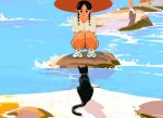  1girl animal_ears black_cat black_hair braid cat cat_ears collar earrings grass hat hoop_earrings jewelry long_hair original outdoors river rock shadow shirt shoes shorts sneakers splashing sunlight t-shirt tagme water witch witch_hat woonyoung 