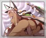  1boy 1girl anus ass blush bottomless breasts chinese_commentary cloak clover commentary cowgirl_position dark_skin english_commentary erection feet four-leaf_clover guilty_gear guilty_gear_xrd hat looking_at_viewer looking_back mixed-language_commentary no_bra orange_eyes paid_reward patreon_reward penis pussy ramlethal_valentine sex small_breasts straddling sword tan topless uncensored vaginal waero weapon white_hair 