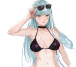  1girl aqua_hair armpits bangs bare_shoulders bikini blunt_bangs choker earrings eyewear_on_head facial_mark girls_frontline green_eyes highres hk416_(girls_frontline) jewelry long_hair looking_at_viewer navel osakana_(denpa_yun&#039;yun) parted_lips simple_background solo sunglasses swimsuit wet white_background 