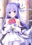  1girl :d azur_lane bangs bare_shoulders black_bow black_ribbon blurry blurry_background blush bouquet bow breasts collarbone commentary_request depth_of_field detached_sleeves dress eyebrows_visible_through_hair flower hair_between_eyes hair_bun hair_ribbon highres holding holding_bouquet indoors long_hair long_sleeves looking_at_viewer medium_breasts one_side_up open_mouth pantyhose petals puffy_long_sleeves puffy_sleeves purple_eyes purple_hair red_flower red_rose ribbon rose satsuki_yukimi see-through side_bun smile solo standing strapless strapless_dress unicorn_(azur_lane) very_long_hair white_dress white_legwear white_sleeves 
