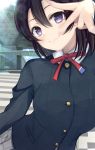  1girl absurdres bangs black_hair breasts building checkered checkered_skirt commentary_request day highres large_breasts long_sleeves looking_at_viewer love_live! love_live!_sunshine!! love_live!_sunshine!!_the_school_idol_movie_over_the_rainbow prelude_ls purple_eyes red_neckwear short_hair skirt smile solo upper_body v watanabe_tsuki 