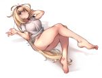  1girl absurdres barefoot bikini blonde_hair blue_eyes blush breasts commission embarrassed full_body granblue_fantasy hair_intakes hairband hand_in_hair highres invisible_chair jeanne_d&#039;arc_(granblue_fantasy) kelvin_hiu leg_up long_hair looking_at_viewer medium_breasts messy_hair navel purple_bikini purple_hairband reclining revision side-tie_bikini sitting solo sweat sweatdrop swimsuit thick_thighs thighs toes very_long_hair 