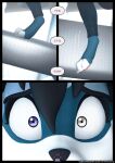 3d_(artwork) anthro black_hair blue_body blue_fur bottomwear clothing comic destroyed_building destroyed_furniture destroyed_wall destruction dialogue digital_media_(artwork) english_text female fur hair heterochromia hi_res imagination mammal pants procyonid purple_eyes raccoon ryder_(striped_sins) sibling_(lore) sister_(lore) slipping speech_bubble striped_sins subconscious text url willitfit