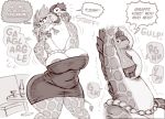  alcohol anthro beverage big_breasts breasts clothing comic cutaway demon dialogue dress duo english_text female female_pred giraffe giraffe_mom giraffid internal male male_prey mammal mommy_kink neck_bulge nipples oral_vore pith shyguy9 swallowing text vore wine 