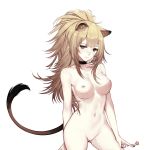  1girl animal_ears arknights arm_behind_back ass_visible_through_thighs bangs black_nails breasts brown_eyes brown_hair candy choker closed_mouth collarbone commentary cowboy_shot english_commentary expressionless food groin hair_between_eyes head_tilt highres holding holding_food lion_ears lion_tail lollipop long_hair looking_at_viewer medium_breasts messy_hair mmmegh nail_polish navel nipples nude ponytail pussy revision sidelocks siege_(arknights) solo tail thighs transparent_background uncensored 
