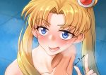  1girl ? arrow_(symbol) bangs bare_shoulders bishoujo_senshi_sailor_moon blonde_hair blue_eyes blush collarbone commentary_request earrings eyebrows_visible_through_hair hair_over_shoulder jewelry long_hair looking_at_viewer lower_teeth open_mouth sailor_moon sailor_moon_redraw_challenge solo topless tsukino_usagi twintails yamauchi_(conan-comy) 