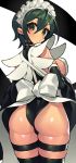  1girl ass back black_legwear blush breasts brown_eyes eyebrows_visible_through_hair green_hair hair_between_eyes highres iroha_(samurai_spirits) itsumo_nokoru long_hair looking_at_viewer maid maid_headdress samurai_spirits short_hair solo thigh_strap thighhighs 