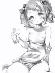  1girl apron bow braid braided_bangs breasts copyright_request greyscale hair_bow hand_up head_tilt highres looking_at_viewer monochrome naked_apron nanashi_(nlo74593630) nipples parted_lips pussy short_hair simple_background sitting small_breasts solo twintails white_background 