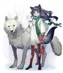  1girl animal_ears argyle argyle_legwear blue_eyes blue_hair dress highres holding long_hair mittens original red_legwear scarf shio_(s_alt_shio) smile tail tree white_dress wolf 