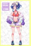  1girl absurdres aikatsu! aikatsu!_(series) bare_shoulders belt black_panties blue_eyes blue_hair bra breasts character_name coat frame g-string head_tilt highleg highleg_panties highres kiriya_aoi long_hair long_sleeves looking_at_viewer midriff momongapoketto multicolored multicolored_bra multicolored_clothes navel open_clothes open_coat open_mouth orange_bra panties scrunchie shiny shiny_hair shoes side_ponytail small_breasts solo sports_bra thong underwear wide_sleeves yellow_scrunchie 