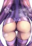  1girl ass ass_focus dress highres horizontal_stripes long_hair panties patchouli_knowledge purple_dress purple_hair purple_legwear simple_background solo steaming_body striped striped_dress sweat textless thick_thighs thighhighs thighs touhou underwear vertical-striped_dress vertical_stripes very_long_hair white_background yukito_(dreamrider) 