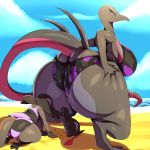  1:1 absurd_res anthro big_butt breasts buried_in_sand butt clothing detailed_background hi_res huge_butt looking_back nintendo pok&eacute;mon pok&eacute;mon_(species) rear_view reptile salandit salazzle sand scalie size_difference smile swimwear thick_thighs trinity-fate62 video_games water 
