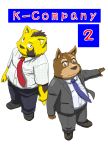  2012 anthro bottomwear brown_body brown_fur canid canine canis clothing domestic_dog duo eyewear fur glasses hi_res humanoid_hands kemono male mammal misterdonn necktie overweight overweight_male pants shirt simple_background text topwear white_background 