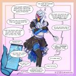 absurd_res angry anthro avian bird blue_body blue_hands clothed clothing comic cross-popping_vein crossdressing dialogue electronics fauxfowl feathers femboy floating_hands hair hi_res humor kitchen_utensils legwear maid_uniform male passerine phone shy social_media solo speech_bubble stockings tools uniform whisk white_hair