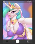  absurd_res anthro bedroom_eyes big_breasts breasts cleavage clothed clothing crown equid female friendship_is_magic hi_res holding_breast horn mammal my_little_pony narrowed_eyes nexcoyotlgt nipple_outline princess_celestia_(mlp) royalty seductive selfie solo tongue tongue_out winged_unicorn wings 