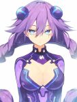  1girl bangs blancpig_yryr blue_eyes bodysuit braid breasts choujigen_game_neptune cleavage cleavage_cutout closed_mouth expressionless hair_ornament highres large_breasts long_hair looking_at_viewer neptune_(series) purple_bodysuit purple_heart simple_background solo twin_braids upper_body very_long_hair white_background 