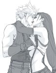 1boy 1girl blonde_hair breast_grab breasts closed_eyes cloud_strife french_kiss gloves grabbing greyscale groping highres hug imminent_sex kiss large_breasts long_hair monochrome muscle rubbing skirt spykeee1945 stomach suspenders tifa_lockhart 