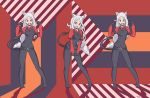  3girls absurdres animal_ears black_gloves cerberus_(helltaker) demon_girl demon_tail dog_ears dog_girl fang gloves helltaker highres long_hair me!me!me! multiple_girls obsidianwasp open_mouth red_eyes red_shirt shirt tail triplets vest white_hair 