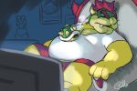  2020 3:2 anthro belly bottomwear bowser bowser_jr. clothing cute_fangs duo eyes_closed hi_res humanoid_hands koopa male mario_bros nintendo overweight overweight_male scalie shirt shorts sitting sleeping topwear video_games zytomega 