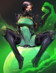  1girl ass badcompzero black_hair black_legwear bodysuit breasts covered_navel green_eyes highres looking_at_viewer mask medium_breasts orb poison short_hair sitting solo thighhighs tight valorant viper_(valorant) 