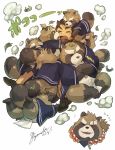  2020 anthro asian_clothing bandaid_protagonist_(tas) belly brown_body brown_fur canid canine clothing east_asian_clothing eyes_closed fundoshi fur fuyoudo624 group gyobu gyobu&#039;s_underlings hi_res human humanoid_hands japanese_clothing japanese_text kemono leaf male mammal overweight overweight_male protagonist_(tas) raccoon_dog scar sitting tanuki text tokyo_afterschool_summoners underwear video_games 