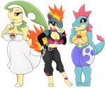  anthro anthrofied bayleef big_breasts breasts clothed clothing croconaw female hi_res nintendo pok&eacute;ball pok&eacute;mon pok&eacute;mon_(species) pok&eacute;morph quilava urusee584 video_games 