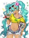  1girl 2014_fifa_world_cup aqua_eyes aqua_hair ball bandana bandana_around_arm bead_bracelet beads bendy_straw bikini bikini_under_clothes blue_nails bracelet brazilian_flag brazilian_flag_print brazilian_miku brazuca breasts can collarbone corrupted_twitter_file cowboy_shot crop_top cross_pendant cutoffs dated denim denim_shorts drinking_straw earrings exposed_pocket eyewear_on_head fingernails flower front-tie_top gold_earrings green_nails green_trim guarana_antarctica hair_between_eyes hair_flower hair_ornament halterneck hatsune_miku head_tilt highleg highleg_bikini highres holding holding_can hoop_earrings jewelry legs_apart light-skinned_palms long_fingernails long_hair looking_at_viewer mary_felizola midriff multicolored_nails multiple_bracelets nail_polish navel navel_piercing off-shoulder_shirt off_shoulder open_fly open_mouth piercing print_shirt red_bandana shirt short_eyebrows short_shorts shorts side-tie_bikini_bottom sidelocks signature simple_background small_breasts smile soccer_ball solo sparkle standing string_bikini sunglasses swimsuit tan tanline_peek tanlines teeth tied_shirt tongue twintails upper_teeth_only v very_long_hair vocaloid wavy_hair white-framed_eyewear white_background world_cup wristband yellow_nails yellow_shirt 
