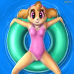  1:1 2020 anthro black_nose canid canine canis clothing clothing_aside devo87 digital_media_(artwork) domestic_dog eyelashes female genitals hi_res inner_tube looking_at_viewer mammal one-piece_swimsuit paw_patrol pussy signature skye_(paw_patrol) smile solo spread_legs spreading swimwear swimwear_aside water 