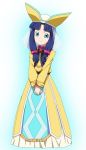  1girl blue_eyes blue_hair closed_mouth dragon_quest dragon_quest_vii dress fosse_(dq7) full_body hat long_hair looking_at_viewer ribonzu robe smile solo standing twintails veil yellow_dress 