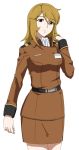  1girl blonde_hair breasts brown_eyes closed_mouth long_hair looking_at_viewer military military_uniform mori_yuki ribonzu simple_background skirt solo uchuu_senkan_yamato uchuu_senkan_yamato_2199 uniform white_background 
