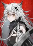  1girl animal_ears arknights black_nails closed_mouth fingernails foreshortening from_side hair_ornament hairclip holding holding_sword holding_weapon lappland_(arknights) looking_at_viewer nello_(luminous_darkness) red_background solo sword weapon white_hair wide-eyed yellow_eyes 