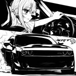  1girl bad_id bad_twitter_id burnout car dodge_(company) dodge_challenger dodge_challenger_(3rd_generation) greyscale hair_behind_ear highres monochrome motor_vehicle multiple_views nougat_(73r1r1) original parted_lips shadow smoke steering_wheel twintails vehicle_focus vehicle_interior 