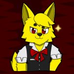  :3 anthro bangs canid canine clothed clothing fur hasukii_mikami looking_at_viewer male mammal red_eyes red_tie simple_background solo stuart_stumpsnow yellow_body yellow_fur 