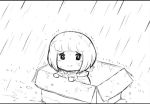  1girl bangs blunt_bangs bob_cut box cardboard_box chibi commentary english_commentary for_adoption greyscale in_box in_container lutherniel monochrome rain sad short_hair sister_of_battle solo warhammer_40k wet 