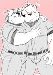  ! &lt;3 2020 ? anthro blush bottomwear bulge butt canid canine canis clothing domestic_dog duo eyes_closed goujuyu hat headgear headwear hi_res humanoid_hands japanese_text kemono kissing male mammal overweight overweight_male pants pink_background shirt simple_background sport text topwear ursid 