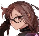  1girl black-framed_eyewear black_gloves brown_eyes brown_hair choker consort_yu_(fate) earrings elbow_gloves fate/grand_order fate_(series) glasses gloves jewelry long_hair looking_at_viewer multiple_earrings sidelocks simple_background smile toi8 very_long_hair white_background 