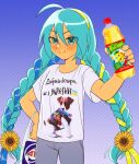  1girl absurdres animal_print atb bag blue_hair blue_ribbon blush bottle braid closed_mouth dog_print flower grey_pants hair_flower hair_ornament hairband hatsune_miku highres holding holding_bottle leoizuyuri long_hair looking_at_viewer low_twin_braids pants patron_(dog) plastic_bag real_life ribbon ribbon_braid shirt short_sleeves smile solo sunflower sunflower_hair_ornament translated twin_braids ukrainian_flag ukrainian_text very_long_hair vocaloid white_shirt yellow_hairband yellow_ribbon zhivchik 