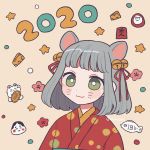  1girl 2020 :3 animal_ears bangs bell bright_pupils cheese chinese_zodiac closed_mouth food green_eyes grey_hair hair_bell hair_ornament highres japanese_clothes jingle_bell kimono mouse_ears nokanok original short_hair solo star twitter_username upper_body whisker_markings white_pupils year_of_the_rat 