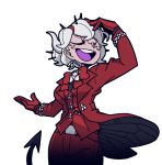  1girl beelzebub_(helltaker) belt bug business_suit closed_eyes cowboy_shot demon_horns fly formal gloves hairstyle_request helltaker horns insect jewelry long_hair looking_away official_art open_mouth shirt short_hair smile spoilers suit teeth tied_hair vanripper white_hair 