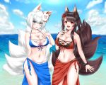  2girls :d akagi_(azur_lane) akagi_(paradise_amaryllis)_(azur_lane) animal_ears arm_behind_head azur_lane beach bikini bikini_skirt blue_bikini blue_eyes blush breasts brown_hair cleavage commentary_request cowboy_shot day fang flower fox_ears fox_girl fox_mask fox_tail groin hair_flower hair_ornament hand_on_own_chest hand_to_own_mouth kaga_(azur_lane) kaga_(everlasting_killing_stone)_(azur_lane) kitsune large_breasts long_hair looking_at_viewer mask mask_on_head midriff multiple_girls multiple_tails navel ocean open_mouth outdoors red_bikini red_eyes seshiro_(which501) short_hair silver_hair smile swimsuit tail very_long_hair white_hair 